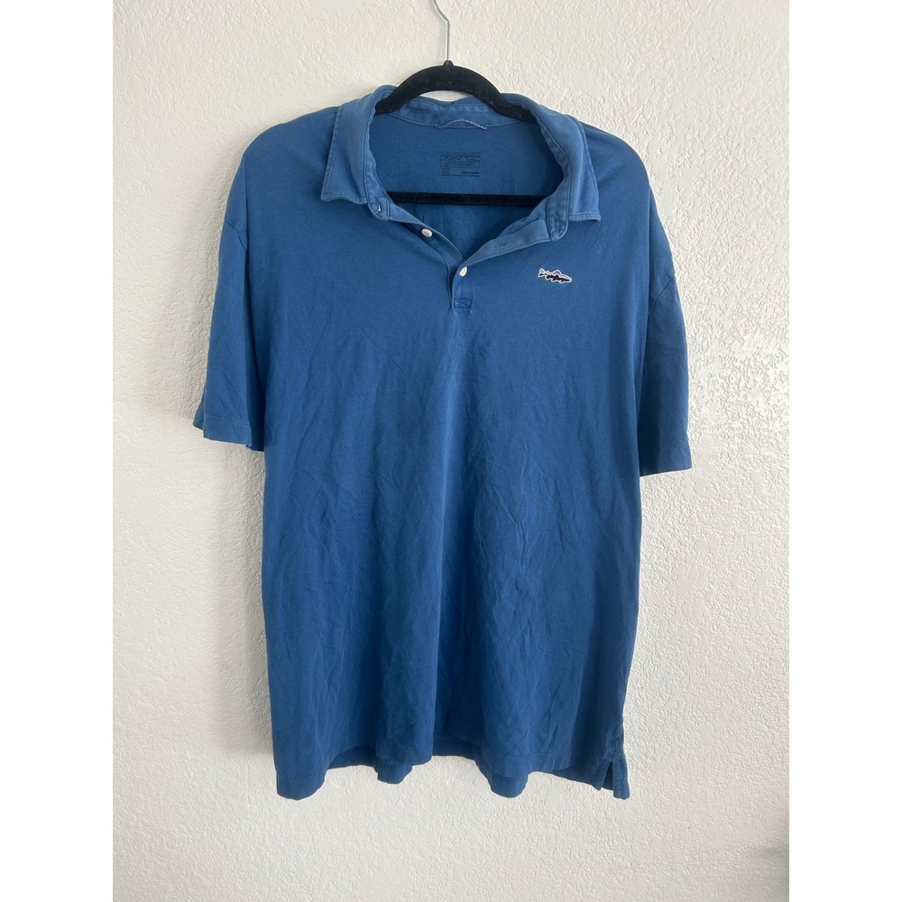 Patagonia Trout Fitz Roy Polo Shirt Mens 2XL XXL‎ Blue Organic Cotton Gorpcore
